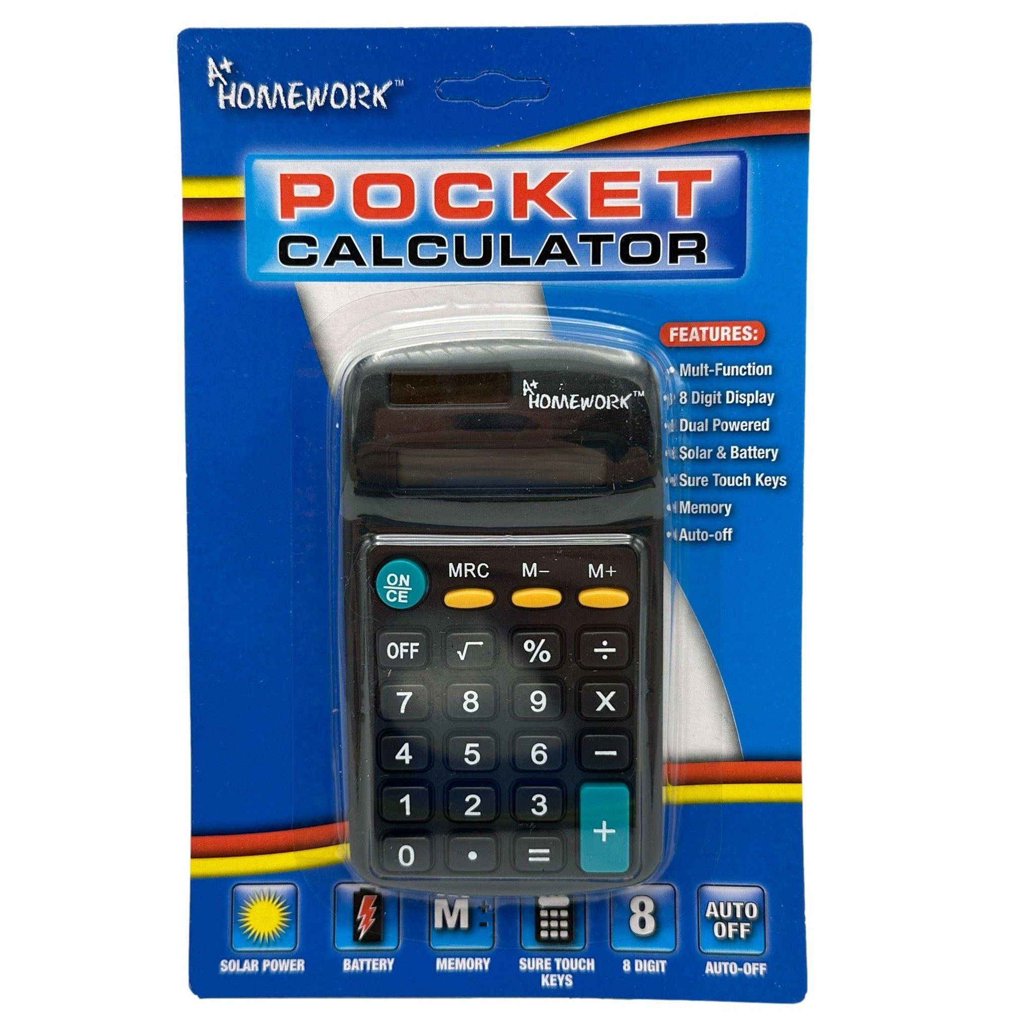 A packaged black pocket calculator on a blue card with features listed.